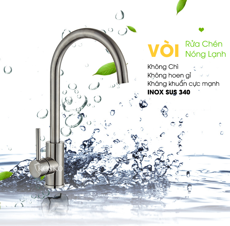 Vòi nước rửa chén KOSKO inox 304, vòi rửa chén bát tròn nóng lạnh phù hợp với nhiều loại bồn rửa chén và chậu rửa bát chén khác nhau
