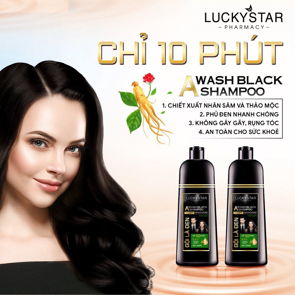 Dầu gội phủ bạc thảo dược cao cấp. Gội là đen LUCKY STAR chiết xuất nhân sâm và thảo mộc tự nhiên. Dầu gội nhuộm tóc giúp tóc đen tự nhiên, khỏe mạnh. Dầu gội đen tóc trong 10 phút ngay tại nhà, phiên bản mới có lược