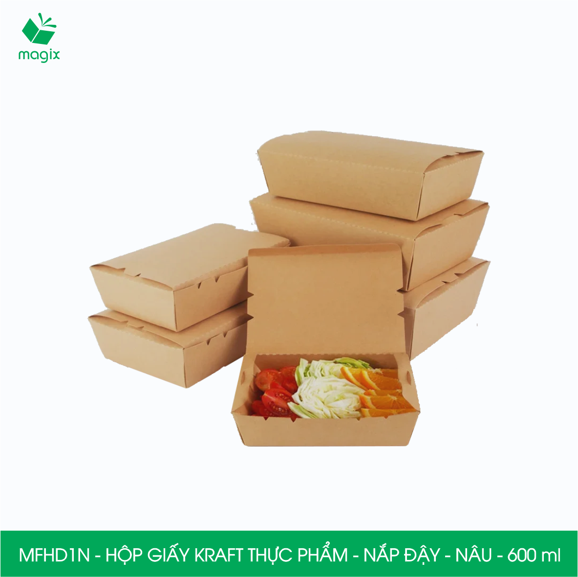 MFHD1N - Combo 50 hộp giấy kraft thực phẩm 600ml, hộp đựng thức ăn nắp đậy màu nâu, hộp gói đồ ăn mang đi