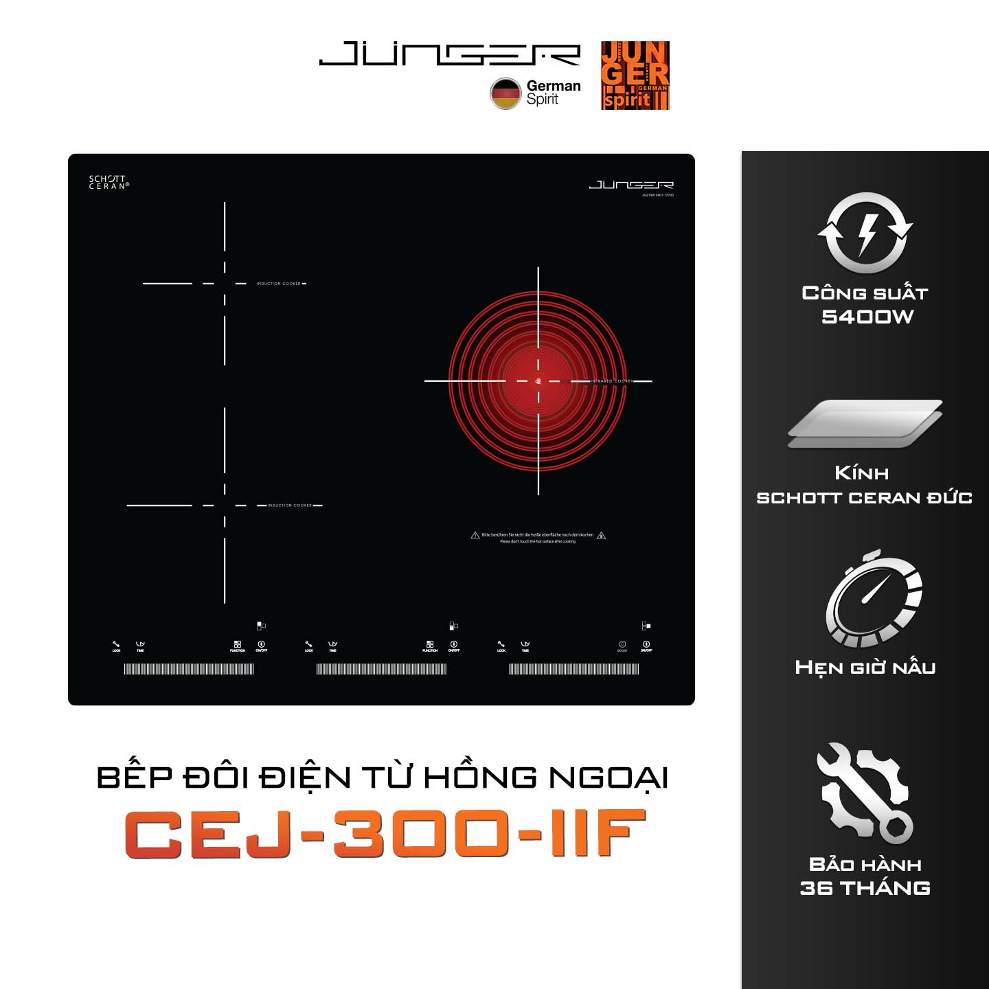 Bếp ba điện 2 từ 1 hồng ngoại Junger CEJ-300-IIF | Công suất 5400W | Bảo hành 3 năm hàng chính hãng