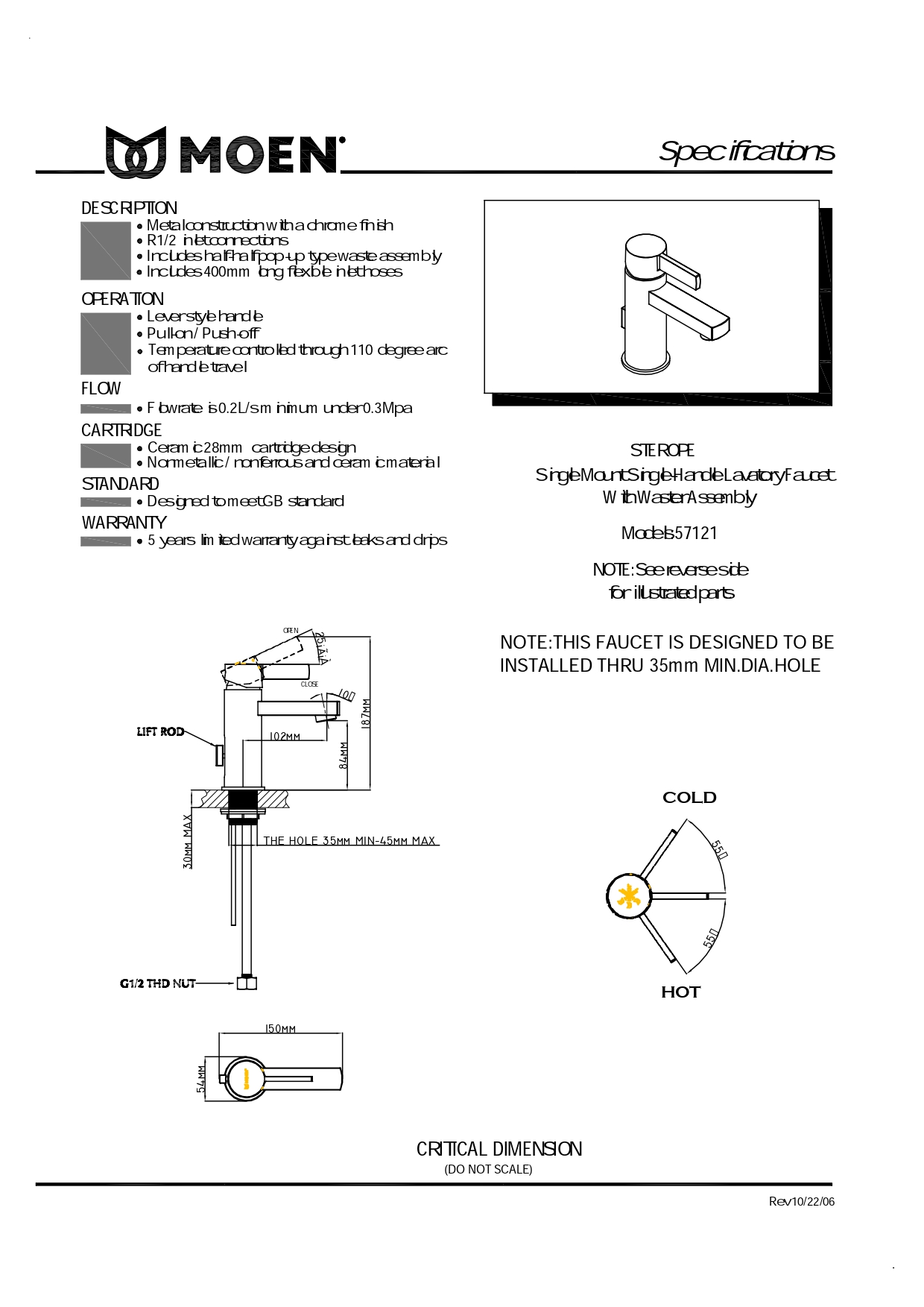 Bộ Vòi Lavabo Nóng Lạnh MOEN V57121 (HÀNG CHÍNH HÃNG)