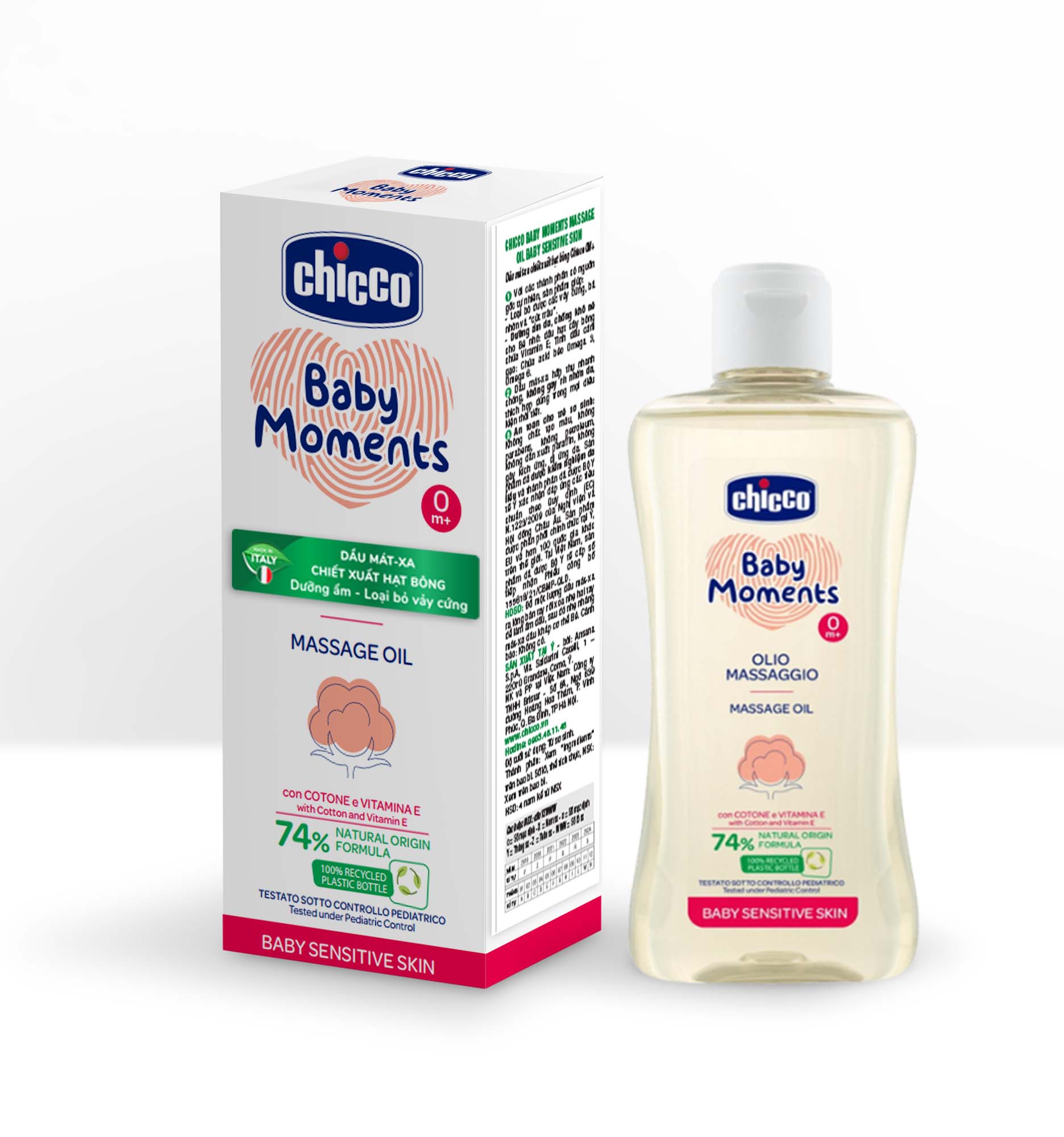 Dầu mát-xa chiết xuất hạt bông cho bé 0M+ Chicco 200ml - Tặng sữa tắm gội chiết xuất yến mạch Chicco 0M+ 50ml