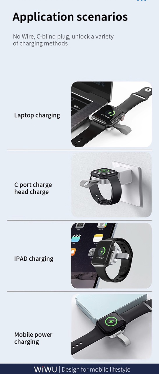 Sạc đồng hồ không dây Wiwu Wireless Charger M16 Pro cho đồng hồ thông minh tương thích với series 8/ Ultra/7/6/5/4/3/2/1 (38mm, 40mm, 41mm, 44mm, 45mm) - Hàng chính hãng