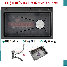 Chậu rửa bát inox304 chống xước 7546 nano đen dày 3li, khay inox, rổ lỗ inox, bộ xiphong, bình rửa bát, rửa ly cốc