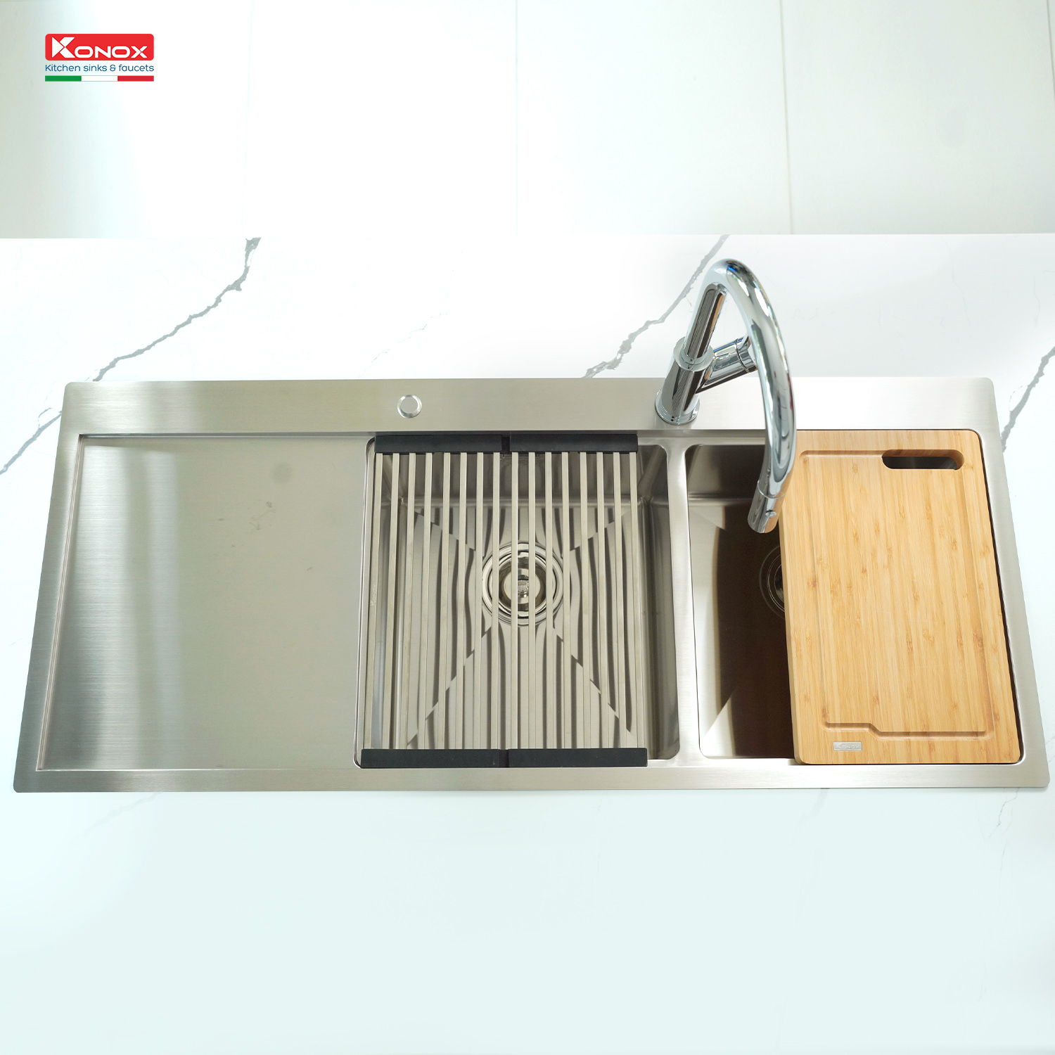 Chậu rửa bát inox Konox, Topmount Series, Model KN11650TD, Inox 304AISI tiêu chuẩn châu Âu, Hạ bậc tích hợp, 1160x500x220(mm), Bảo hành chính hãng 10 năm, Hàng chính hãng