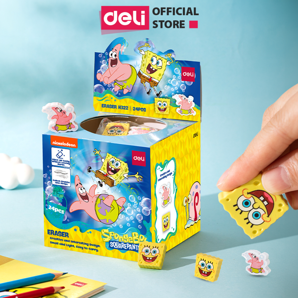 Set 2 Gôm Tẩy SpongeBob Deli Dễ Thương Tẩy Sạch Ít Vụn Không Mòn Giấy Có Hút Vụn Tẩy An Toàn Cho Bé Học Sinh Trẻ Nhỏ Bút