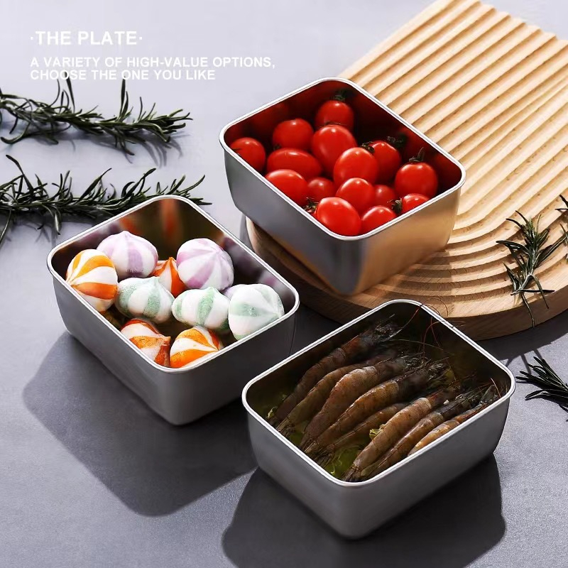 Hộp Đựng Thực Phẩm Tủ Lạnh, Đồ Ăn Bằng Inox Có Nắp Nhựa Kèm Theo Tiện Lợi (135x105x58 mm) Và Loại To ( 250x200x60 mm)