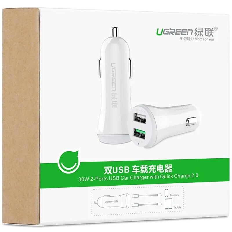 Ugreen UG20758CD114TK 30W màu Trắng Bộ sạc ô tô 2 cổng USB 2.4A + QC 2.0 - HÀNG CHÍNH HÃNG