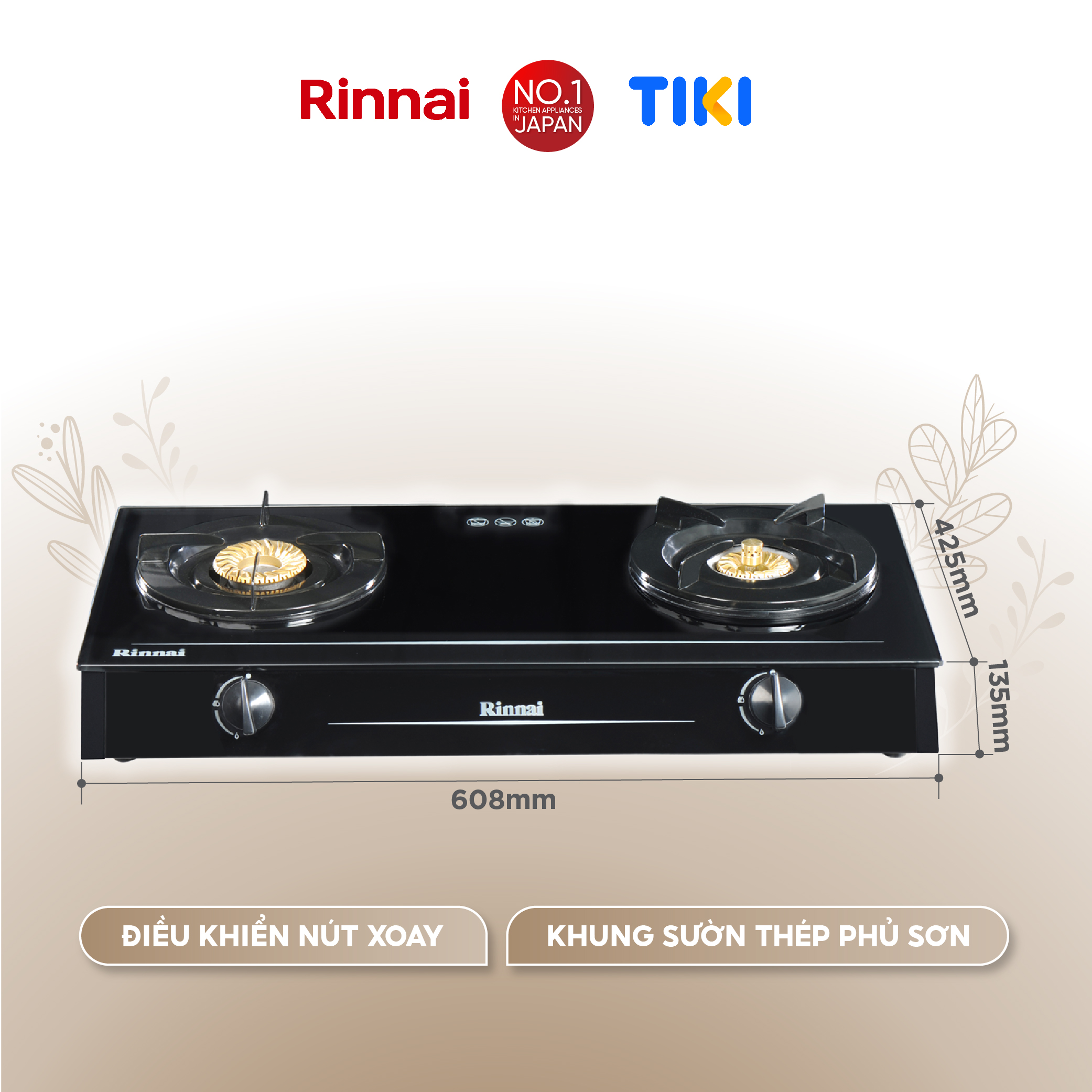 Bếp gas dương Rinnai RV-6Double Glass (Sp) mặt bếp kính và kiềng bếp men - Hàng chính hãng.