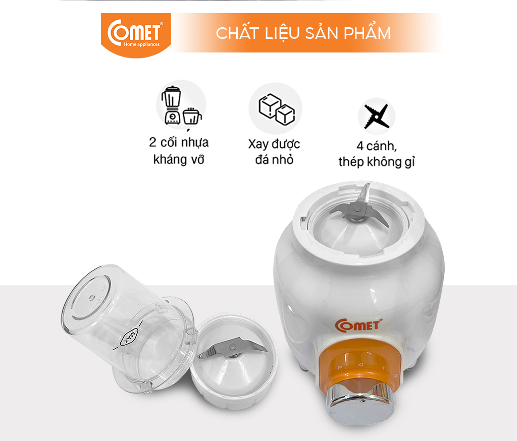 Máy xay sinh tố Comet CM9955 – 2 cối nhựa kháng vỡ, dung tích 1.5L – Công suất 450W, lưỡi dao thép không gỉ – Hàng chính hãng, bảo hành 1 năm