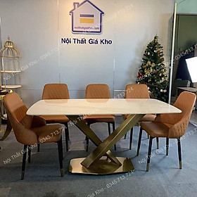 Bàn ăn mặt đá ceramic bóng chân chéo chữ X inox mạ vàng PVD Kết hợp ghế sheraton trám