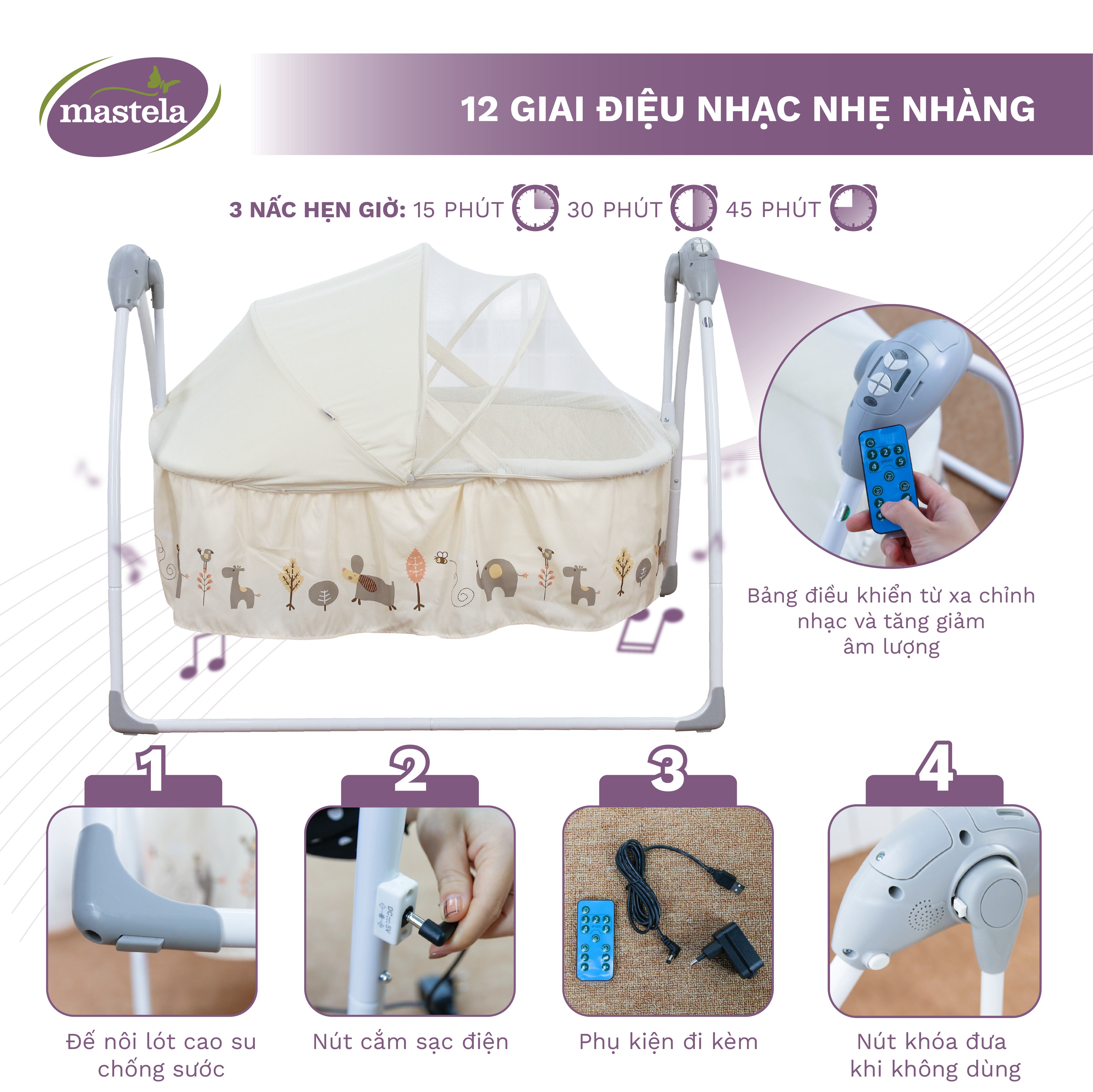 Nôi điện cho bé điều khiển từ xa kết hợp nhạc trắng ru ngủ Mastela SG239 - Nôi cho bé sơ sinh đu đưa tự động