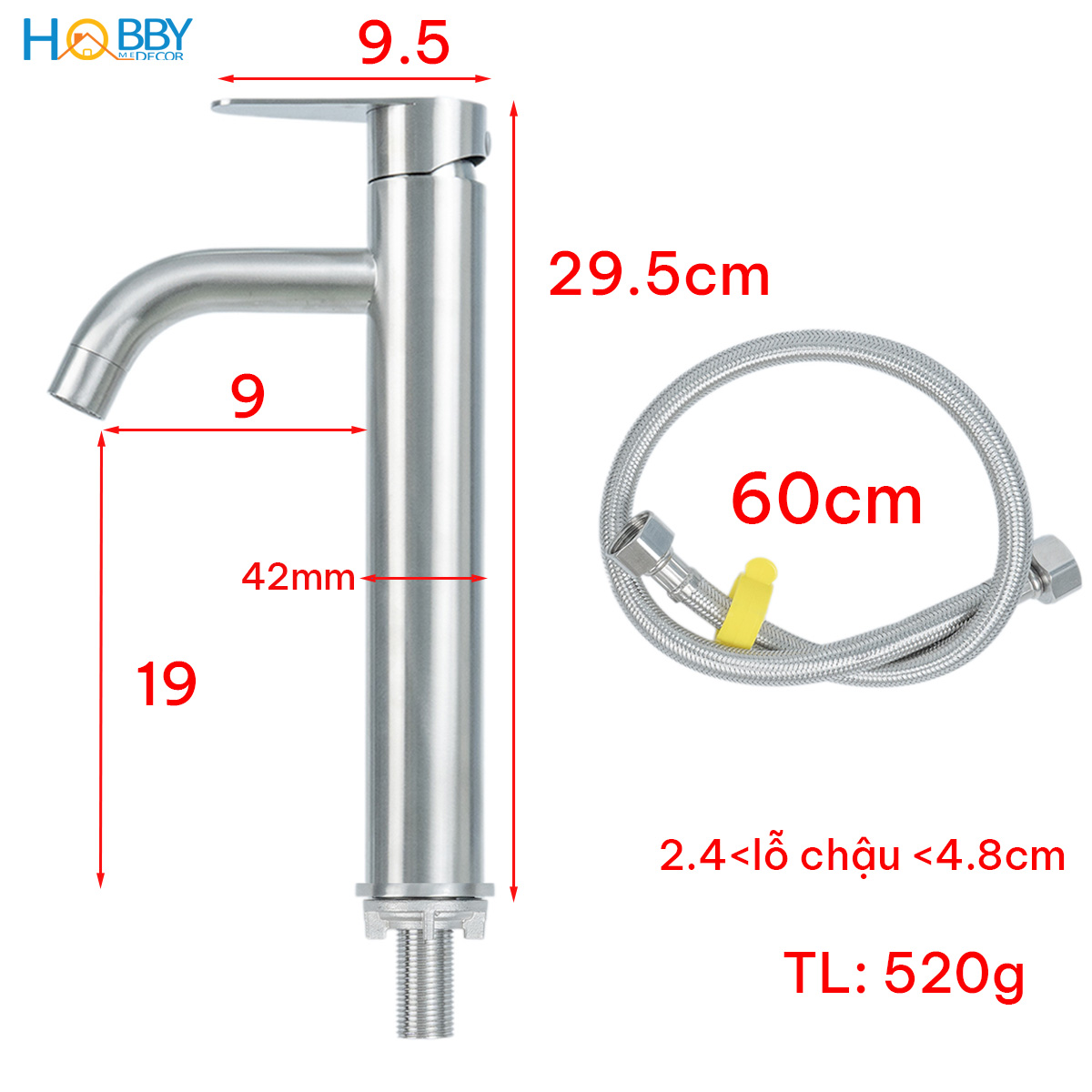 Vòi chậu lavabo lạnh gắn bàn đá inox 304 xước mờ Hobby home decor LBL8
