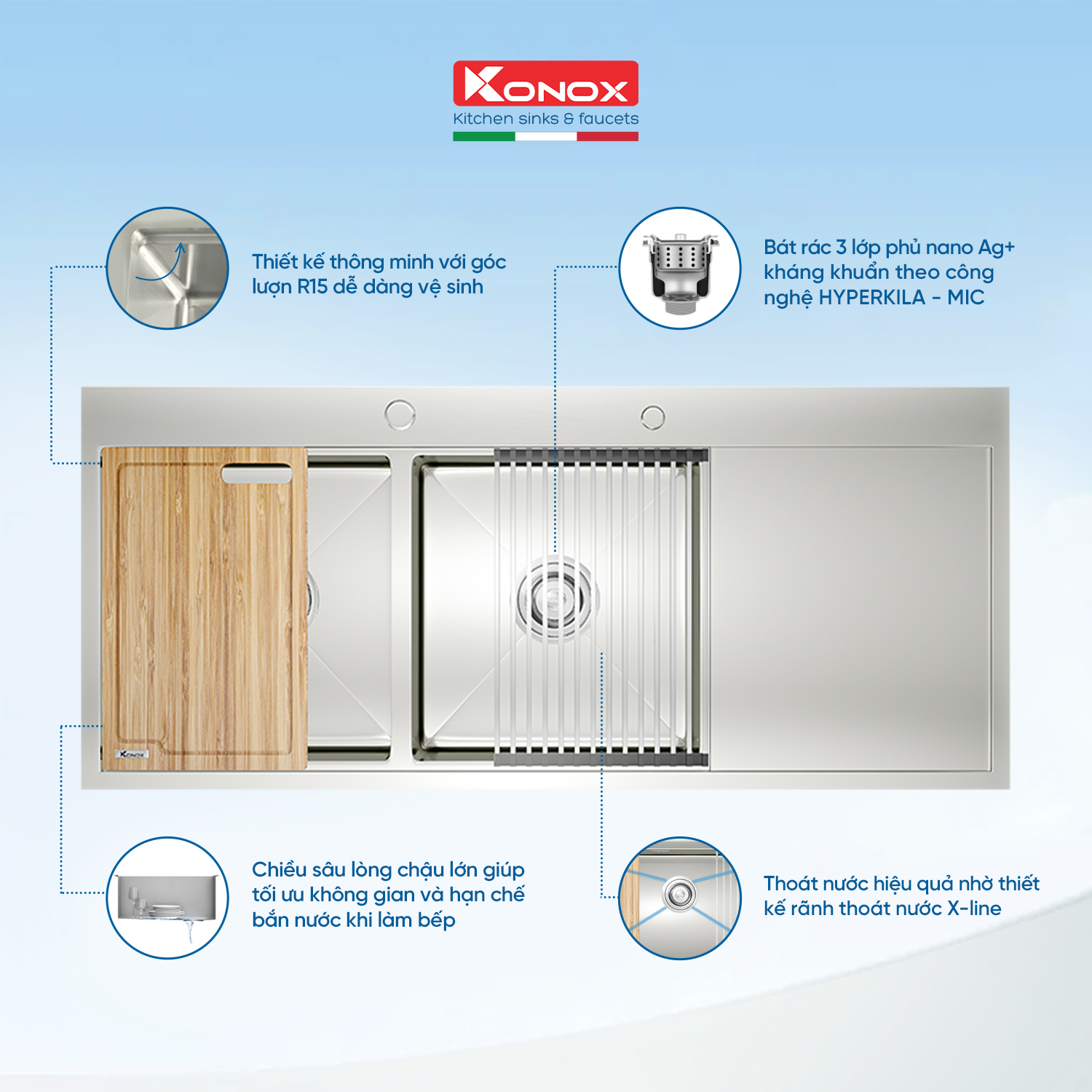 Chậu rửa bát inox Konox, Topmount Series, Model KN11650TD, Inox 304AISI tiêu chuẩn châu Âu, Hạ bậc tích hợp, 1160x500x220(mm), Bảo hành chính hãng 10 năm, Hàng chính hãng