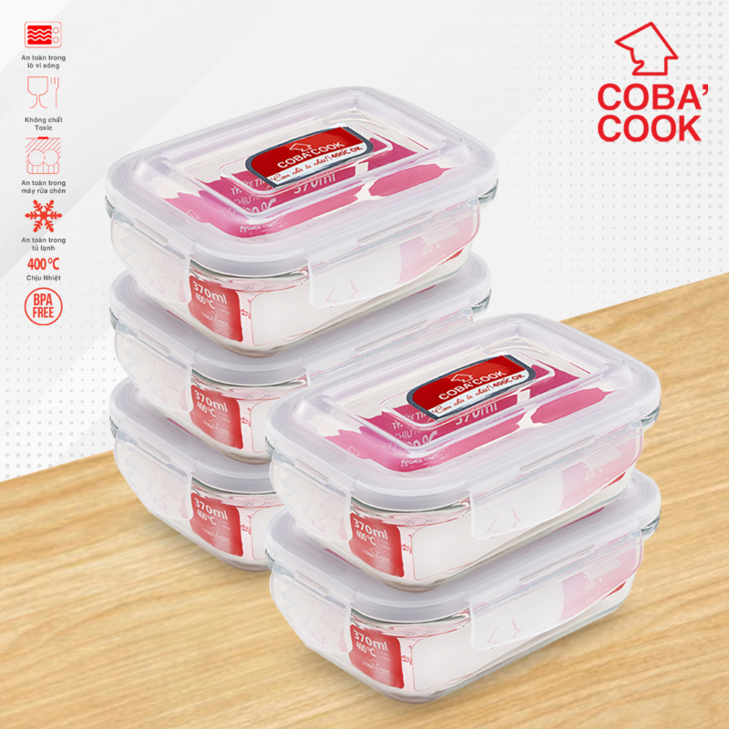 Bộ 5 hộp thủy tinh chịu nhiệt đựng cơm trữ thức ăn COBA