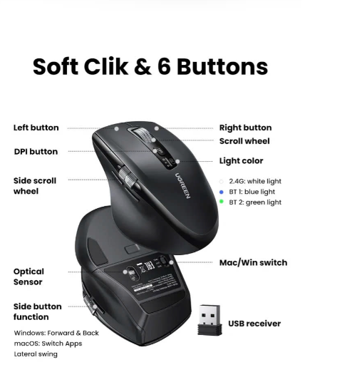 Chuột không dây Ugreen 45792 Bluetooth 5.4 & Wireless 2.4GHz 5000DPI 5 cấp độ - Hàng chính hãng