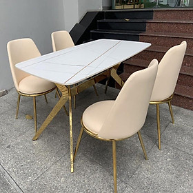 Bộ bàn ăn Chất Lượng Juno Sofa  mặt đá 4 ghế chân inox mạ vàng
