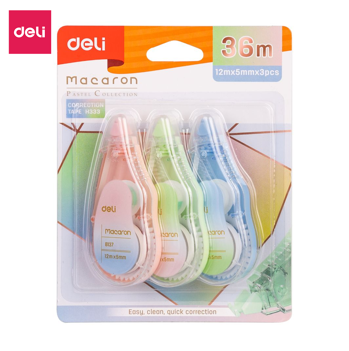 Băng xóa bút xóa kéo 12m Deli - Hình trái cây - Hồng/Xanh lá/Xanh dương - Set 3 chiếc - EH333