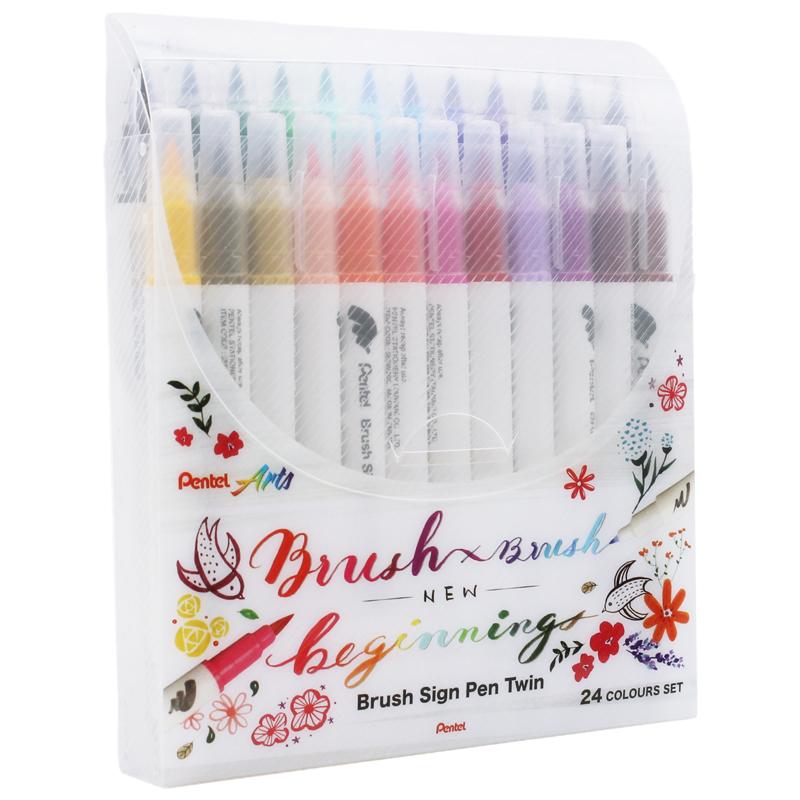 Bộ 24 Bút Lông Màu Nước 2 Đầu - Brush Sign Pen Twin - Pentel Art SESW30C-24E