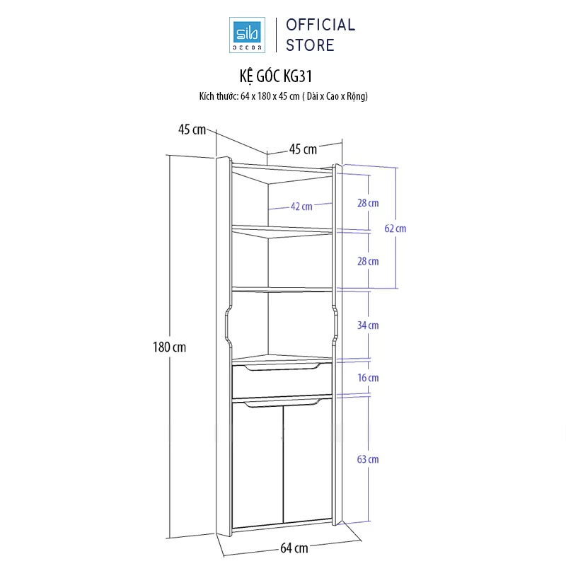 Tủ Gỗ Góc Tường Hình Tam Tam Giác Phù Hợp Đặt Tại Phòng Ăn, Phòng Bếp, Phòng Khách SIB DECOR KG31