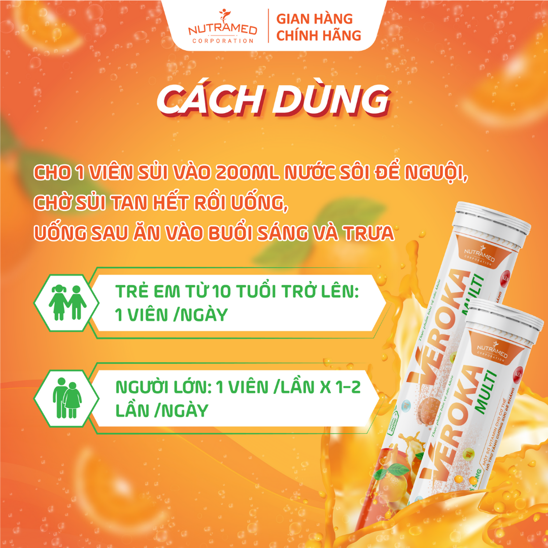 Viên sủi Veroka Multi cung cấp 12 vitamin hỗ trợ bổ sung năng lượng tăng cường sức đề kháng (20 viên) - Nutramed