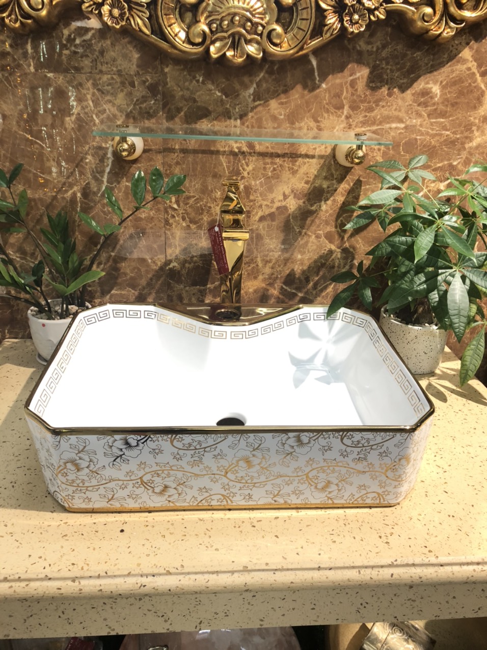 CHẬU RỬA MẶT, LAVABO TRẮNG HỌA TIẾT VÀNG VIỀN VÀNG NHẬP KHẨU CHÍNH HÃNG GROVES CAO CẤP 8170HB