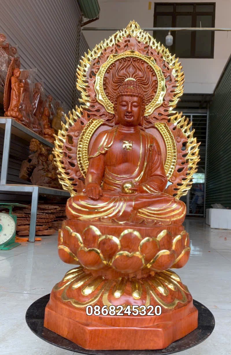 Bộ tượng thất phật được sư bằng gỗ hương đá kt cao 40×20cm +lá chắn hào quang cao tổng 54cm