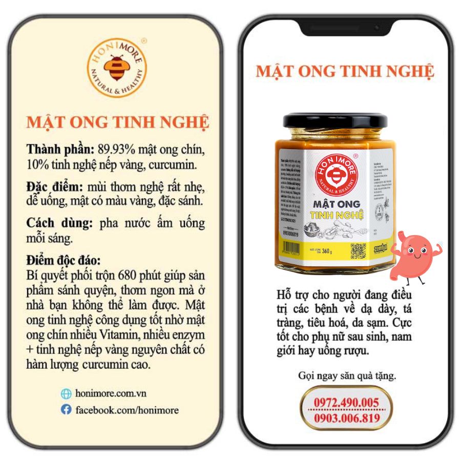 Combo 3 hũ Mật ong rừng tinh nghệ Honimore 360g - giúp hỗ trợ cải thiện dạ dày