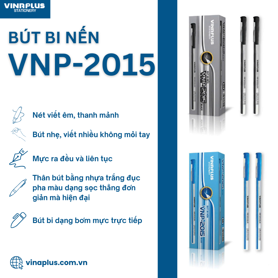 Hộp 20 chiếc bút bi nến Vinaplus VNP-2015 ngòi 0,7mm 2 màu mực xanh đen cho văn phòng, học sinh, sinh viên