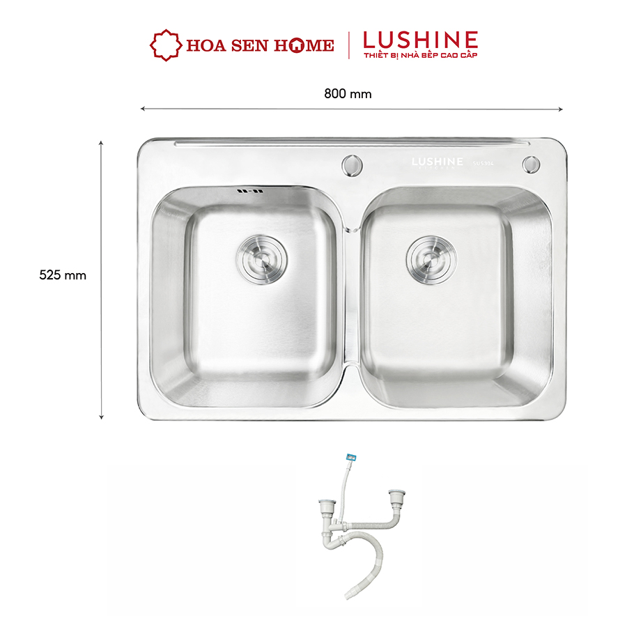Bộ chậu rửa chén INOX 304 LUSHINE D007 công nghệ dập liền khối, thiết kế hai ngăn tiện lợi, bề mặt chống xước bền bỉ - Hoa Sen Home - Hàng chính hãng