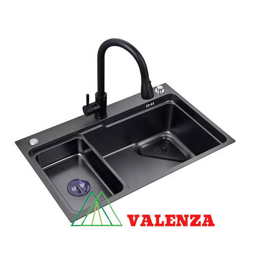 Chậu rửa bát 1 hố lớn inox 304 nano đen Valenza dày 3,5li kèm chậu phụ inox, bộ xả to ngăn mùi-Hàng chính hãng