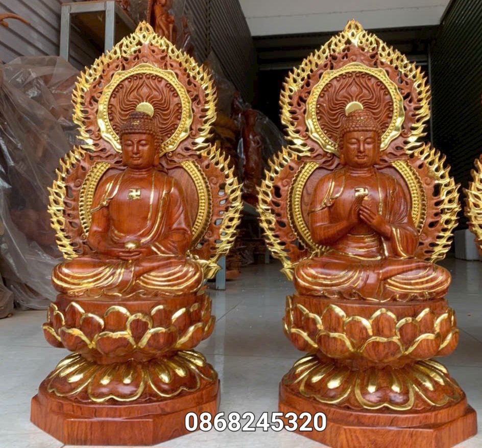 Bộ tượng thất phật được sư bằng gỗ hương đá kt cao 40×20cm +lá chắn hào quang cao tổng 54cm