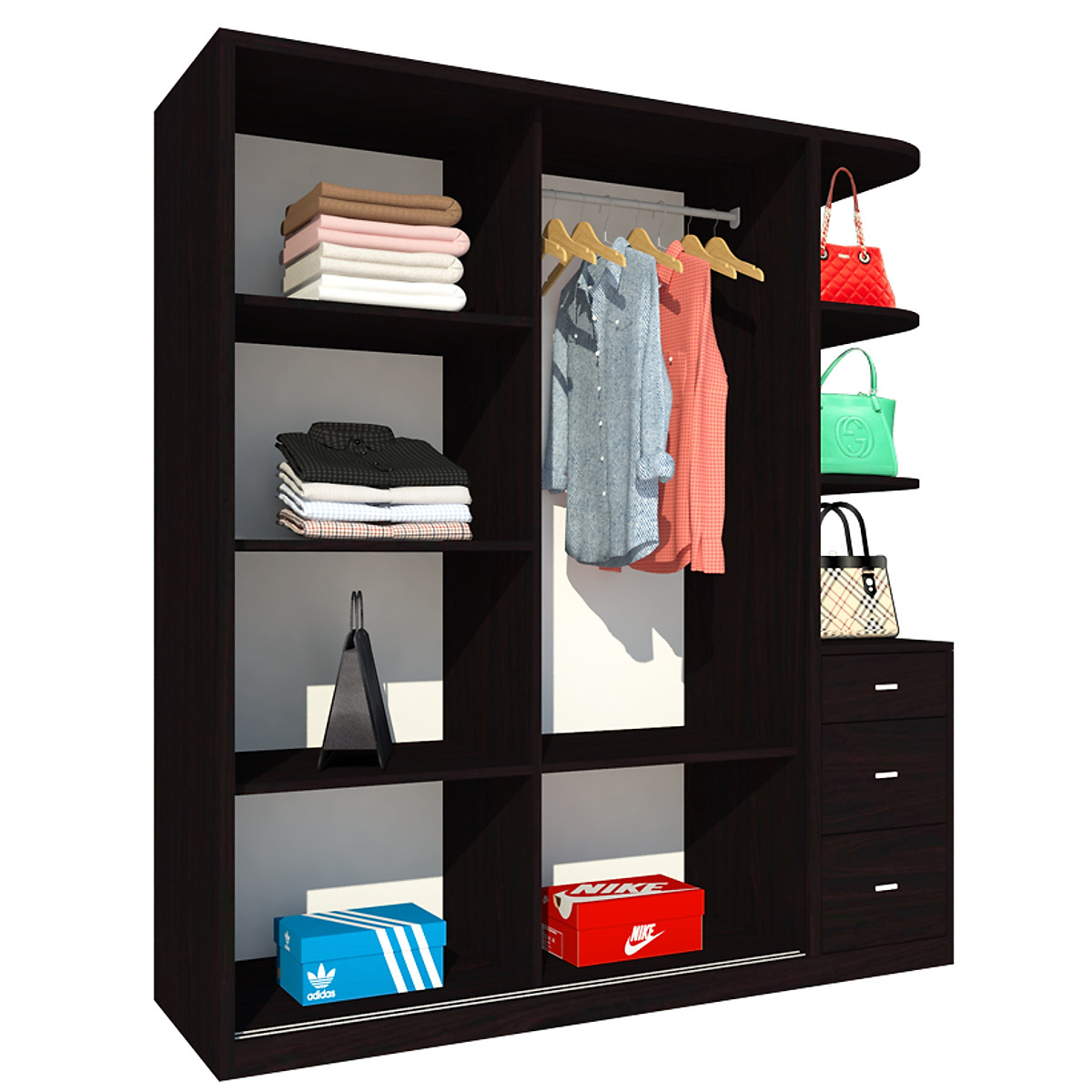Tủ quần áo gỗ MDF Tundo 3 cánh 3 ngăn kéo màu nâu đậm 200 x 55 x 200cm