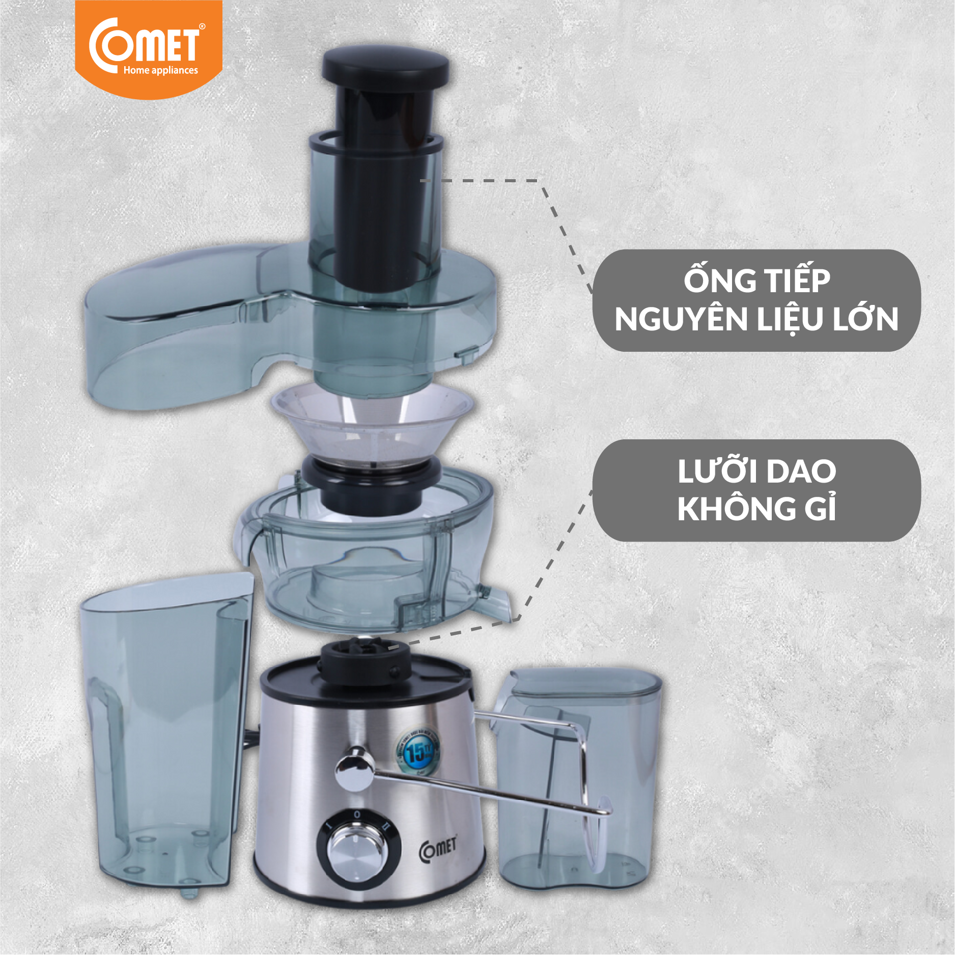 Máy ép trái cây Comet CM9836 công suất 600W – dung tích 1.5L, ép nhanh, lọc bã riêng – Hàng chính hãng, bảo hành 12 tháng