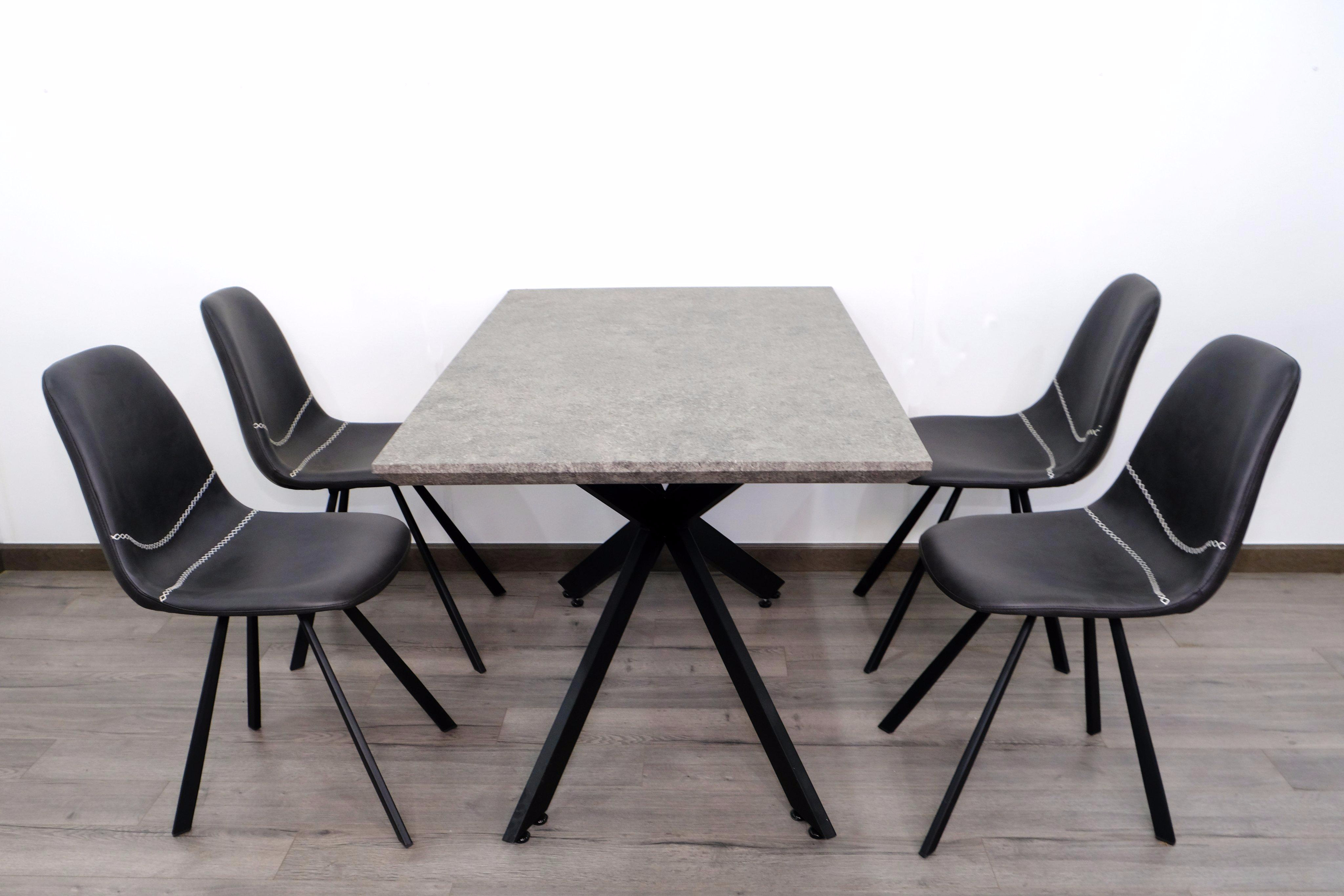 Bàn ăn mặt gỗ giả đá màu xám 1m4 chân sắt sơn tĩnh điện chữ X nhập khẩu TN 1217-14W đẹp cao cấp sang trọng tại TpHCM