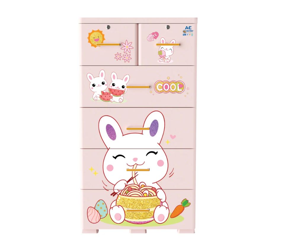 Tủ nhựa 5 tầng Qui Phúc AE màu hồng mẫu Rabbit KT 710 x 505 x 1310 mm _ Juno Sofa hàng lắp sẵn
