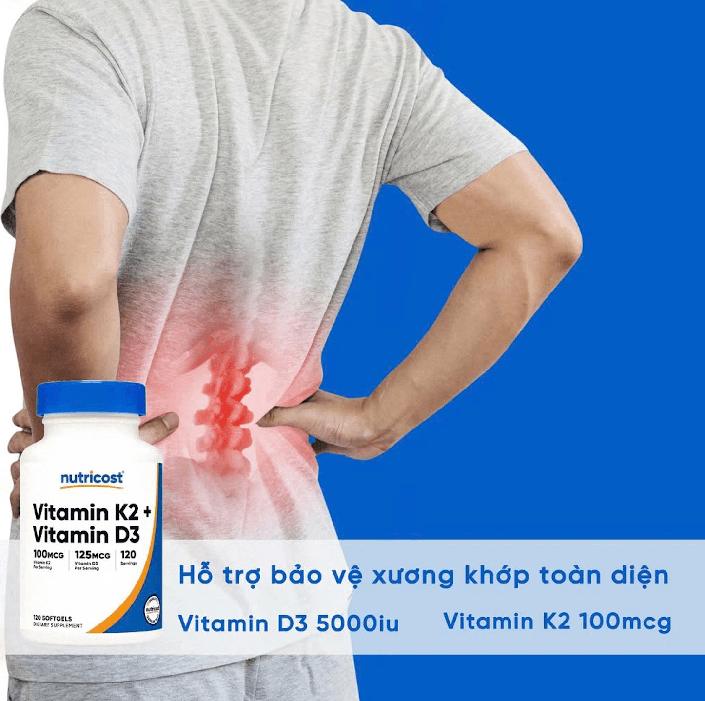 Viên Uống Nutricost Vitamin D3 + K2 MK7 (120 viên), Hỗ Trợ Răng Xương Chắc Khỏe, Ngừa Loãng Xương
