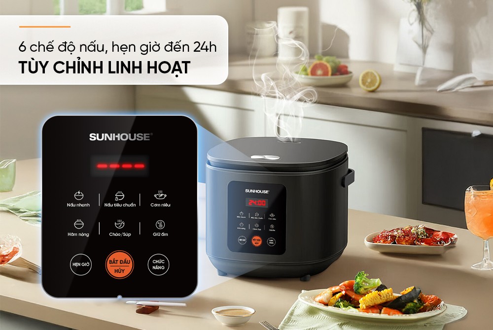 Nồi cơm điện tử 1.5L Sunhouse SHD8825 - 700W, 6 chức năng, Hẹn giờ nấu 24h, Chống dính Daikin 2 lớp, Lòng nồi 1.2mm - Hàng chính hãng