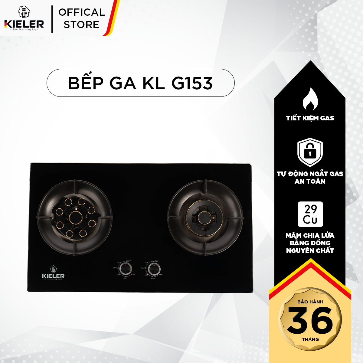 Bếp gas mặt kính cường lực KIELER KL-G153 tiết kiệm gas, công suất mạnh 5200W, mặt bếp chịu nhiệt tốt - Hàng chính hãng