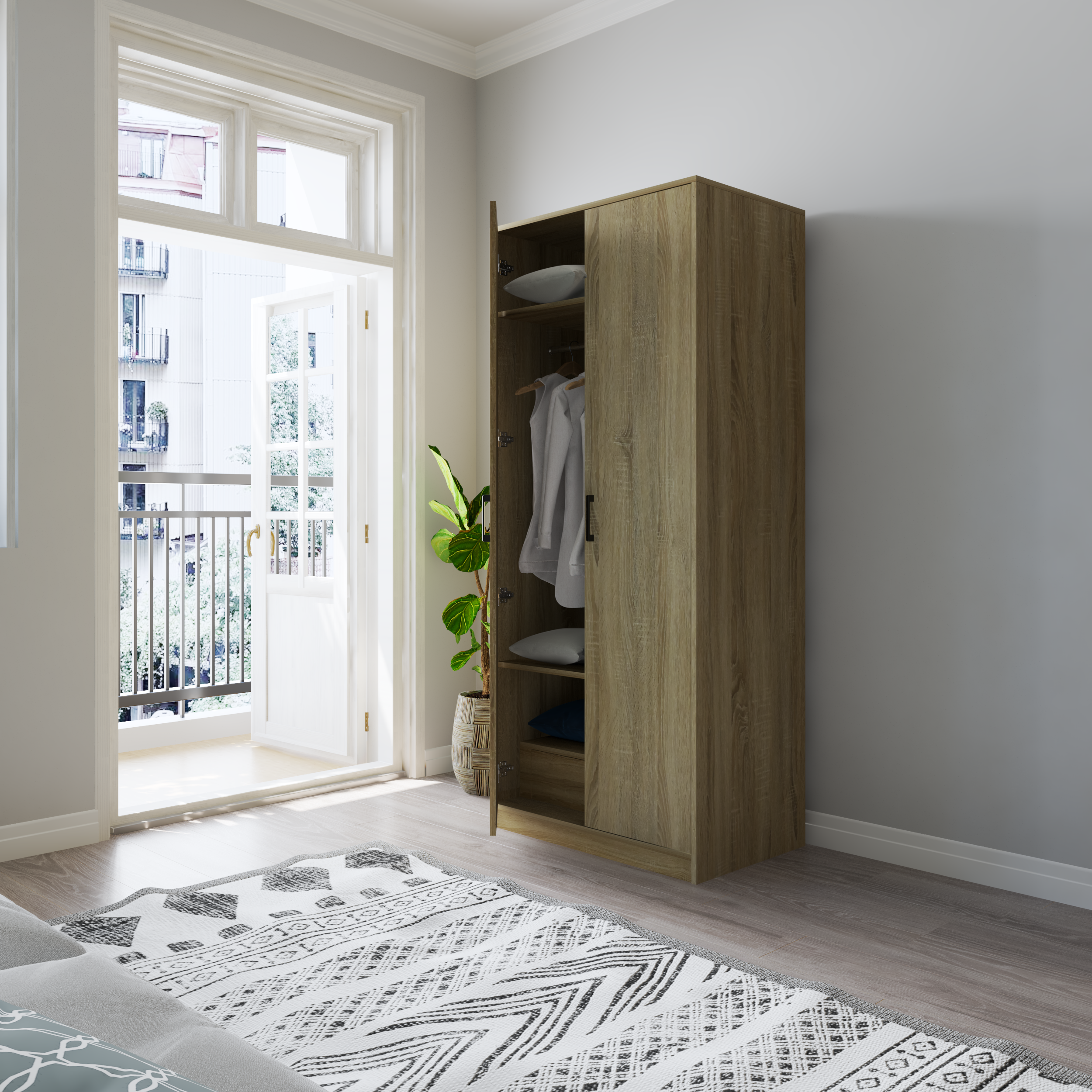 HAPPY FURNITURE , HEINEE - Tủ quần áo 2 cửa mở, TCM_216 , 80cm x 54cm x 190cm DxRxC, sản phẩm phổ thông