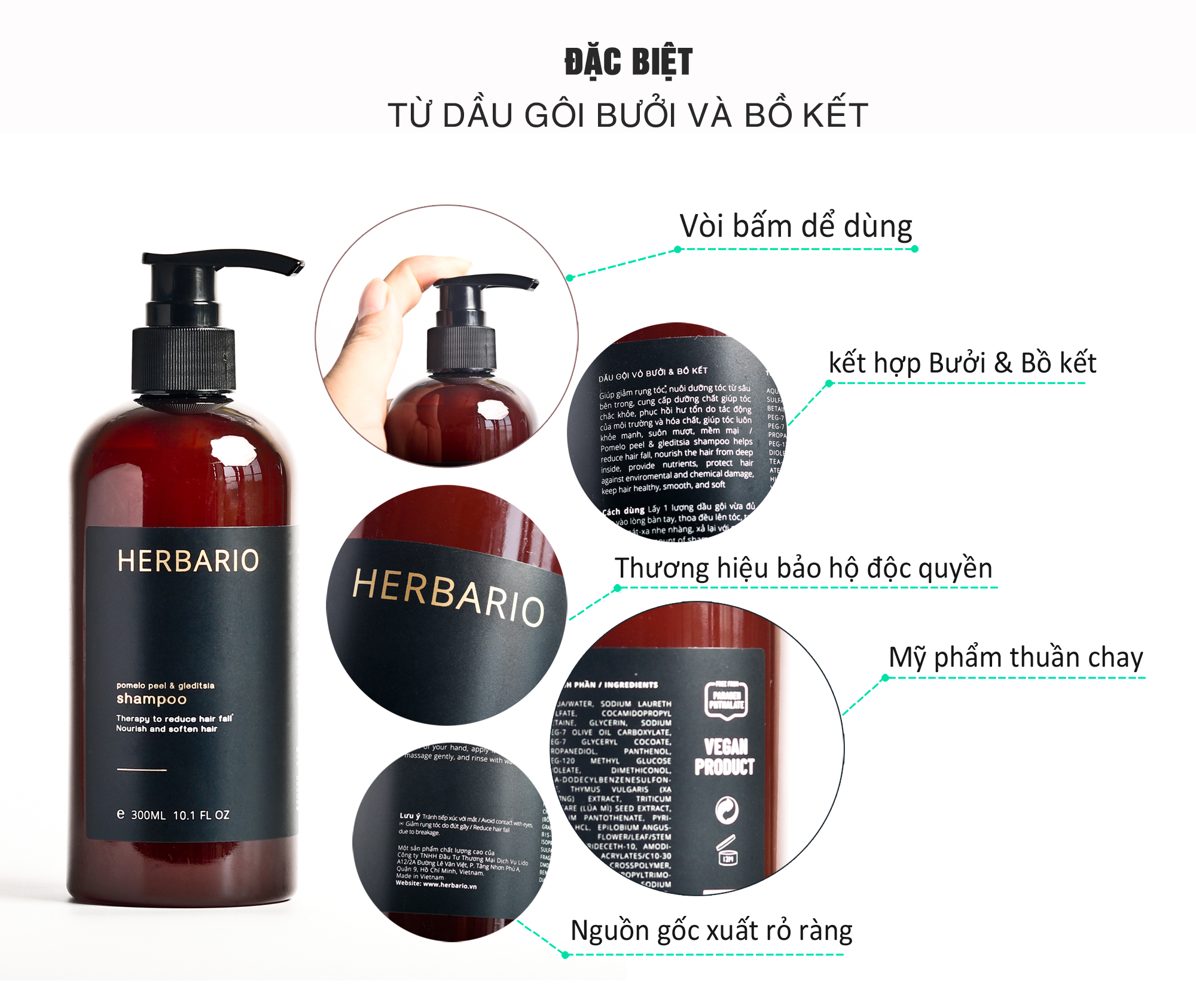 Bộ dầu gội dầu xả tinh dầu vỏ bưởi & bồ kết Herbario 300ml giảm rụng tóc kích thích mọc tóc, giảm gãy rụng cho tóc suôn mượt đen bóng thuần chay