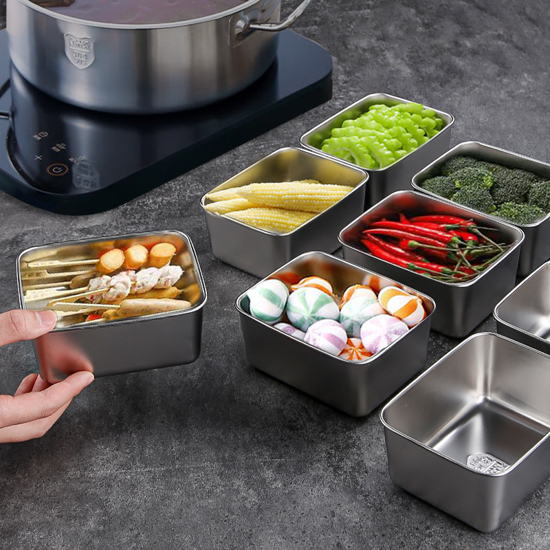 Hộp Đựng Thực Phẩm Tủ Lạnh, Đồ Ăn Bằng Inox Có Nắp Nhựa Kèm Theo Tiện Lợi (135x105x58 mm) Và Loại To ( 250x200x60 mm)