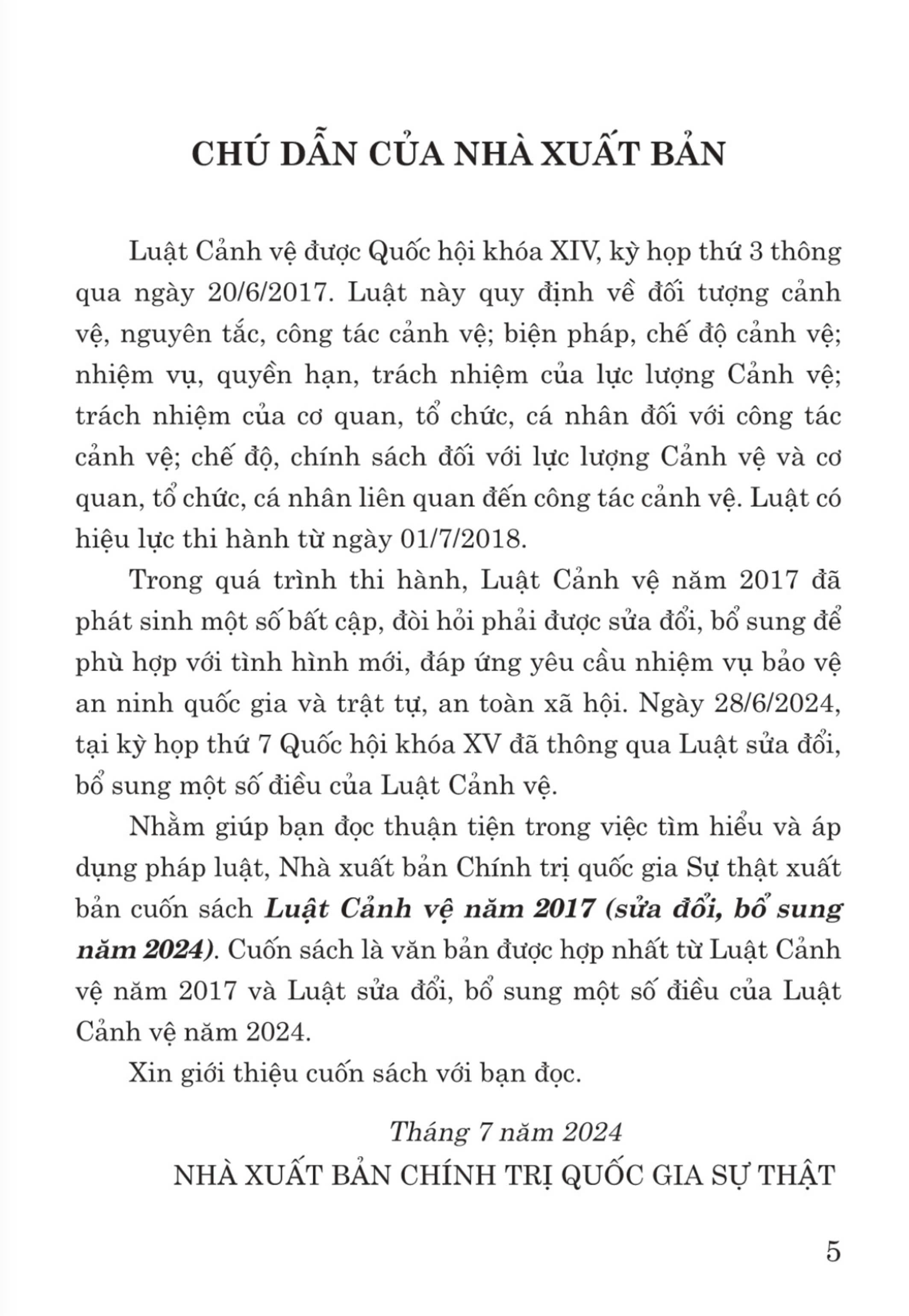 Luật cảnh vệ năm 2017 (sửa đổi,bổ sung năm 2024) - bản in 2024