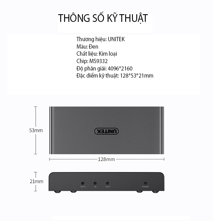 SOAIY Bộ Chia HDMI 1 Ra 2 Cổng UNITEK V130A Hỗ Trợ 4K Cao Cấp - Hàng Nhập Khẩu