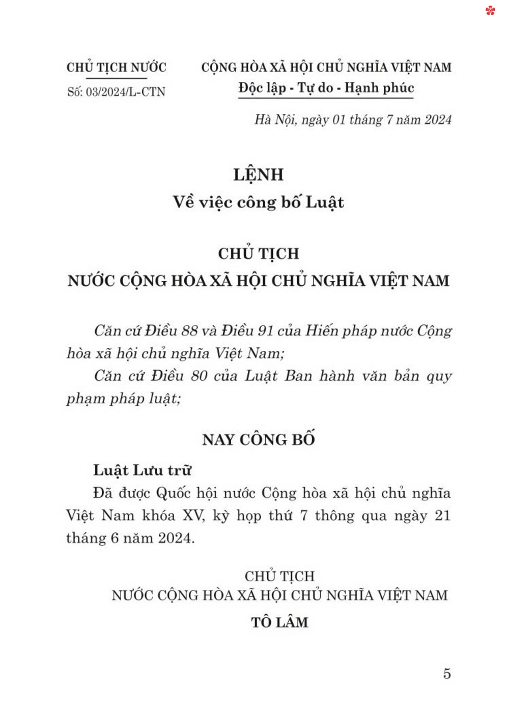 Luật lưu trữ năm 2024 - bản in 2024
