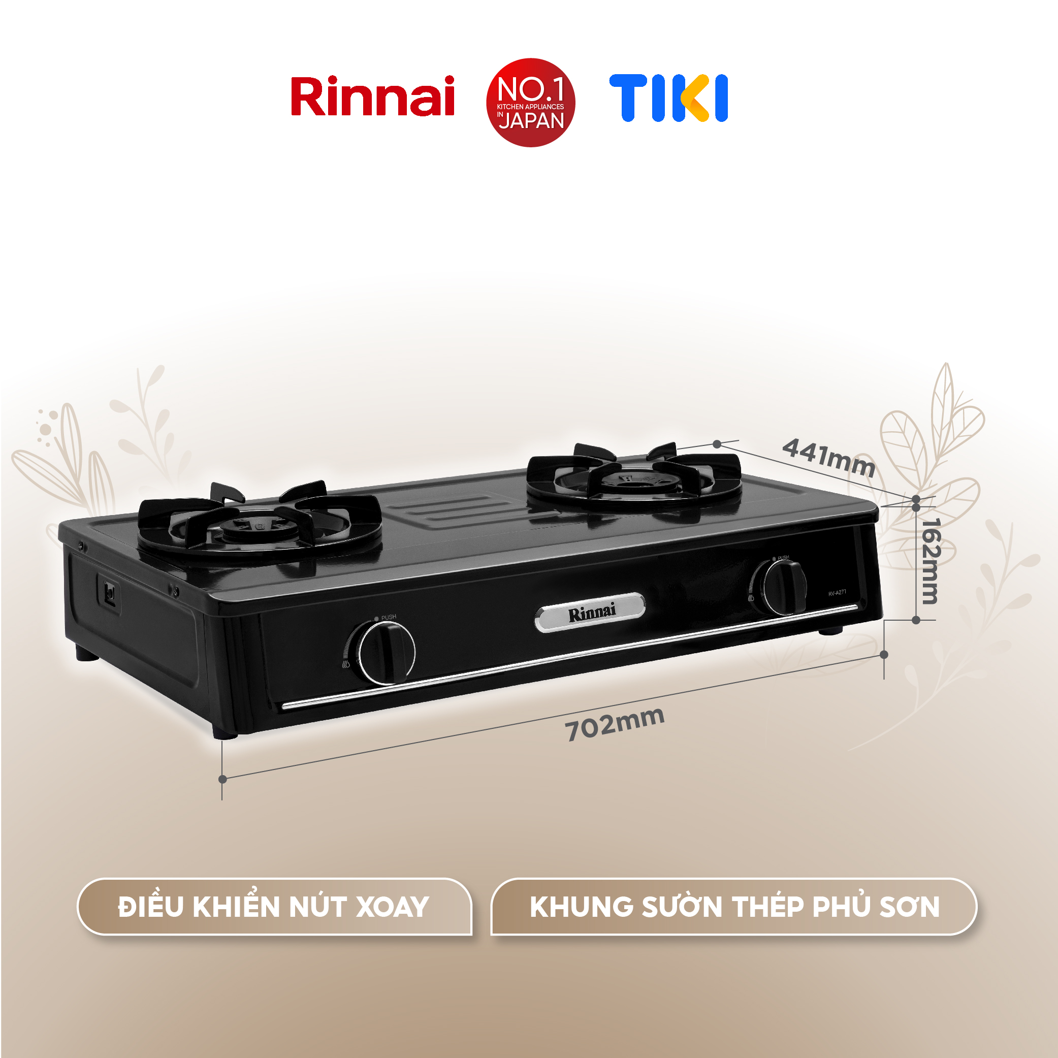 Bếp gas dương Rinnai RV-A271B(EB) mặt bếp men và kiềng bếp men - Hàng chính hãng.
