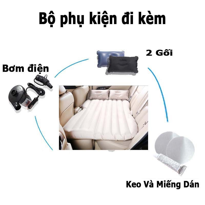 Đệm Hơi Ô Tô , Nệm Hơi Ô Tô Chân Liền Tặng Kèm 2 Gối hơi, 1 Bơm điện Nêm Chất Liệu Vải Nhung Dù Màu Ghi Có Thể Gấp Gọn, Dành Cho Nhiều Dòng Xe