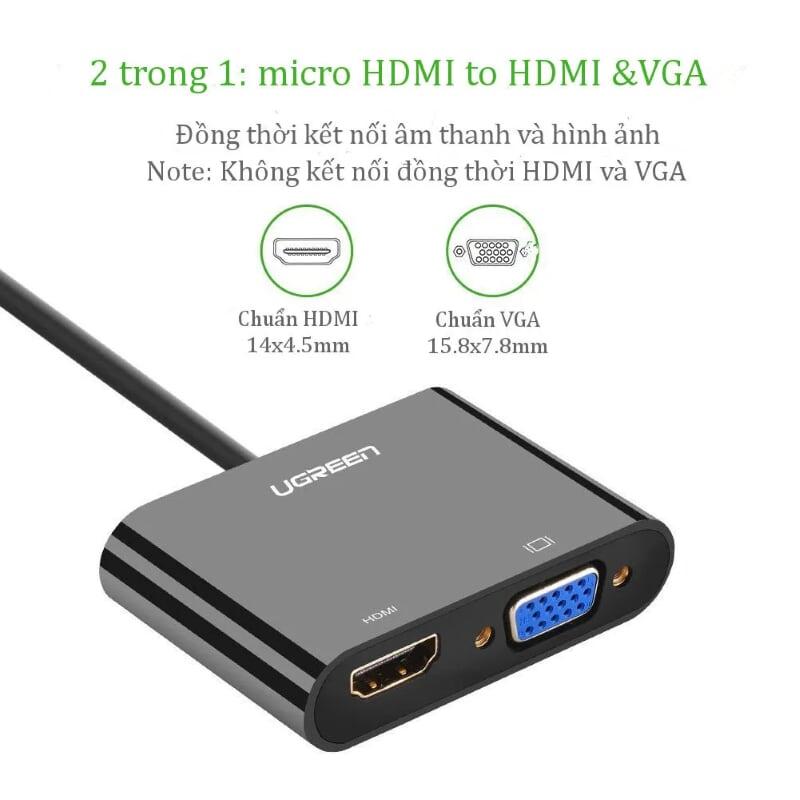 Ugreen UG30355MM115TK 30CM màu Đen Bộ chuyển Micro HDMI sang HDMI + VGA kèm cổng âm thanh - HÀNG CHÍNH HÃNG