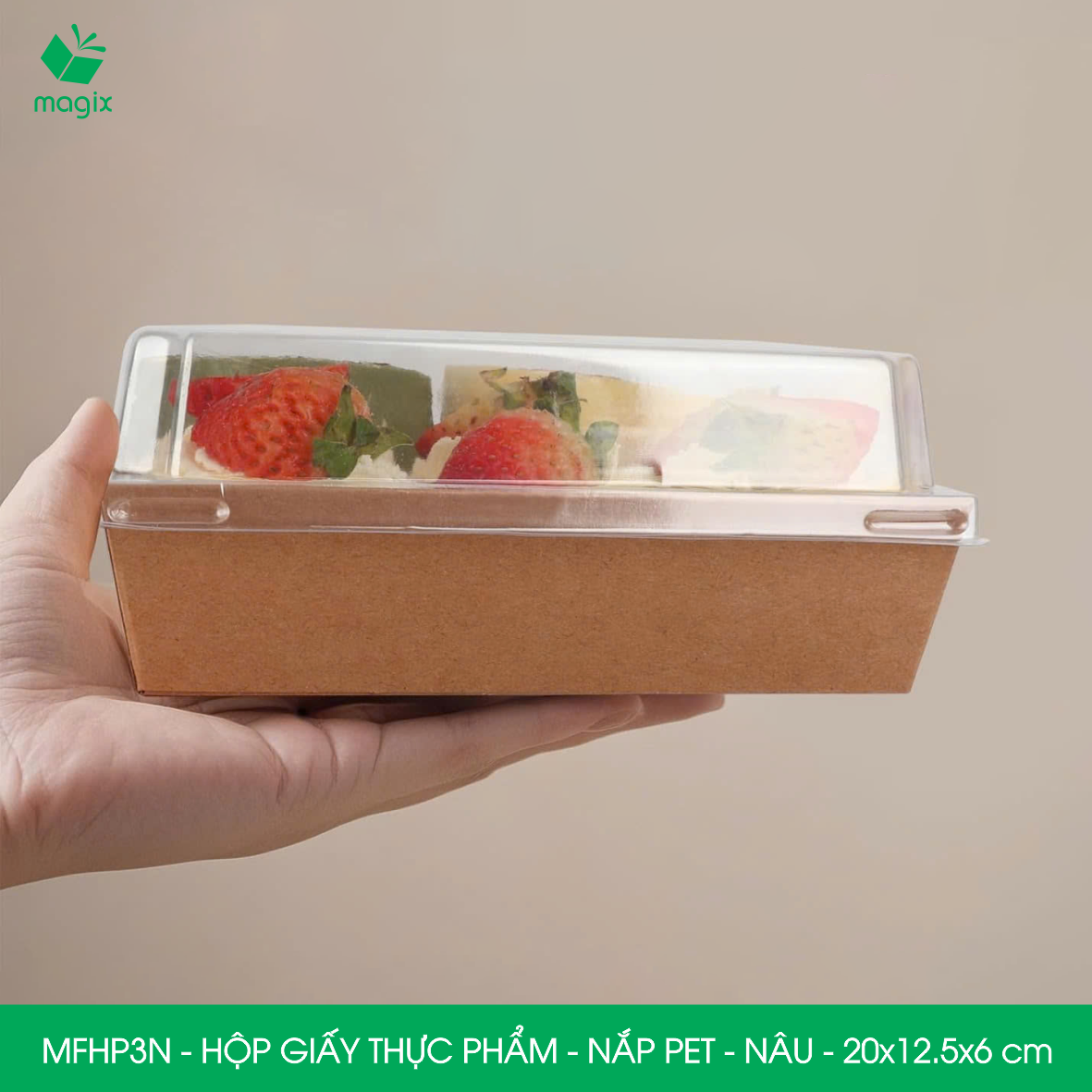 MFHP3N - 20x12.5x6 cm - 100 hộp giấy kraft thực phẩm màu nâu nắp Pet, hộp giấy chữ nhật đựng thức ăn, hộp bánh nắp trong