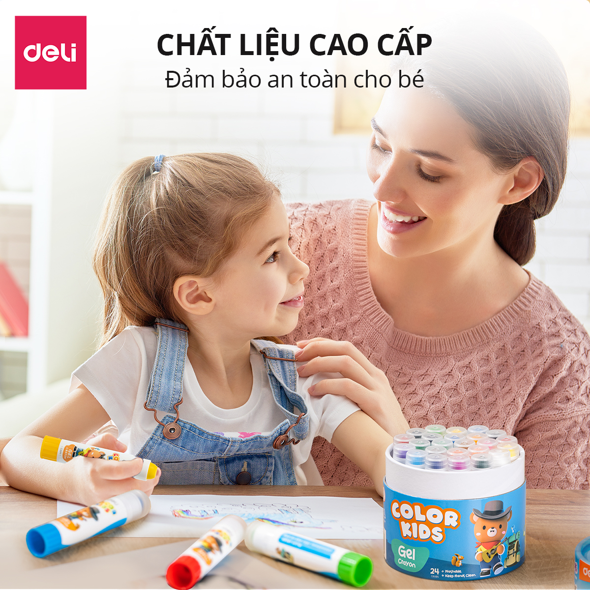 Bút Sáp Màu Dầu Lụa Gấu Con Deli 24 Màu Tươi Đậm Siêu Mịn Rửa Trôi An Toàn Cho Be Học Sinh Tô Màu Vẽ Tranh